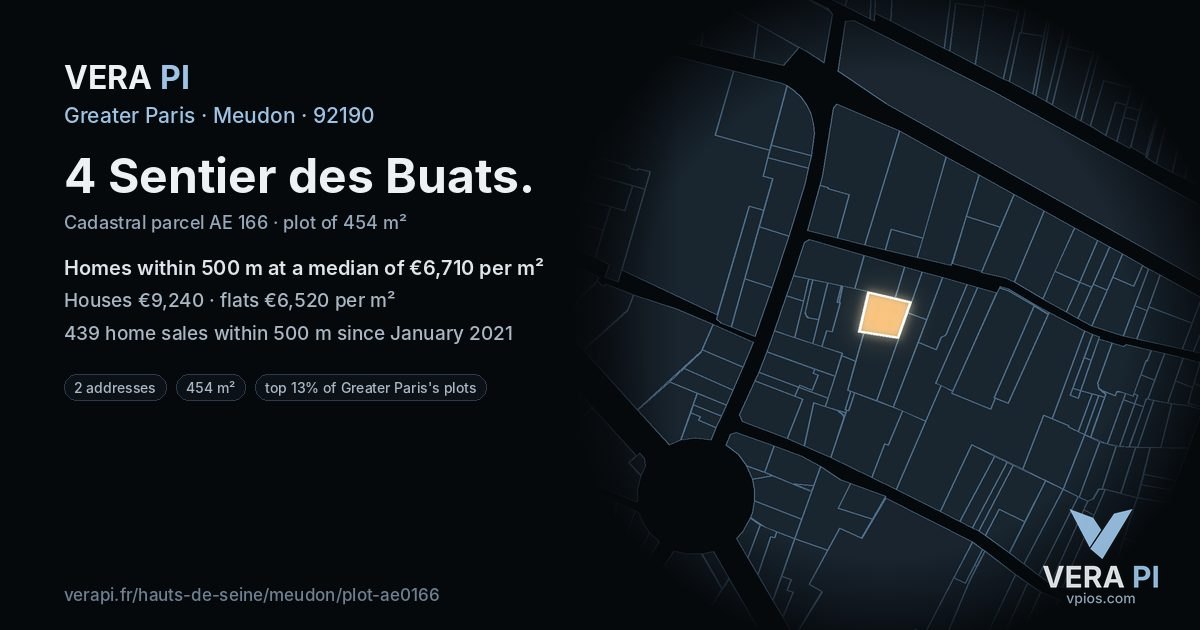 4 Sentier des Buats, Meudon at night – the plot lit, the parcels around coloured by the prices near them