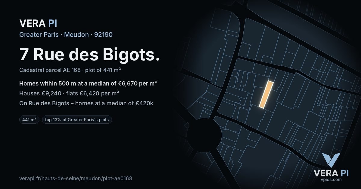 7 Rue des Bigots, Meudon at night – the plot lit, the parcels around coloured by the prices near them