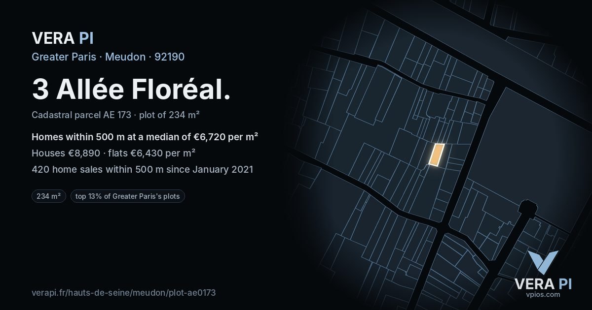 3 Allée Floréal, Meudon at night – the plot lit, the parcels around coloured by the prices near them