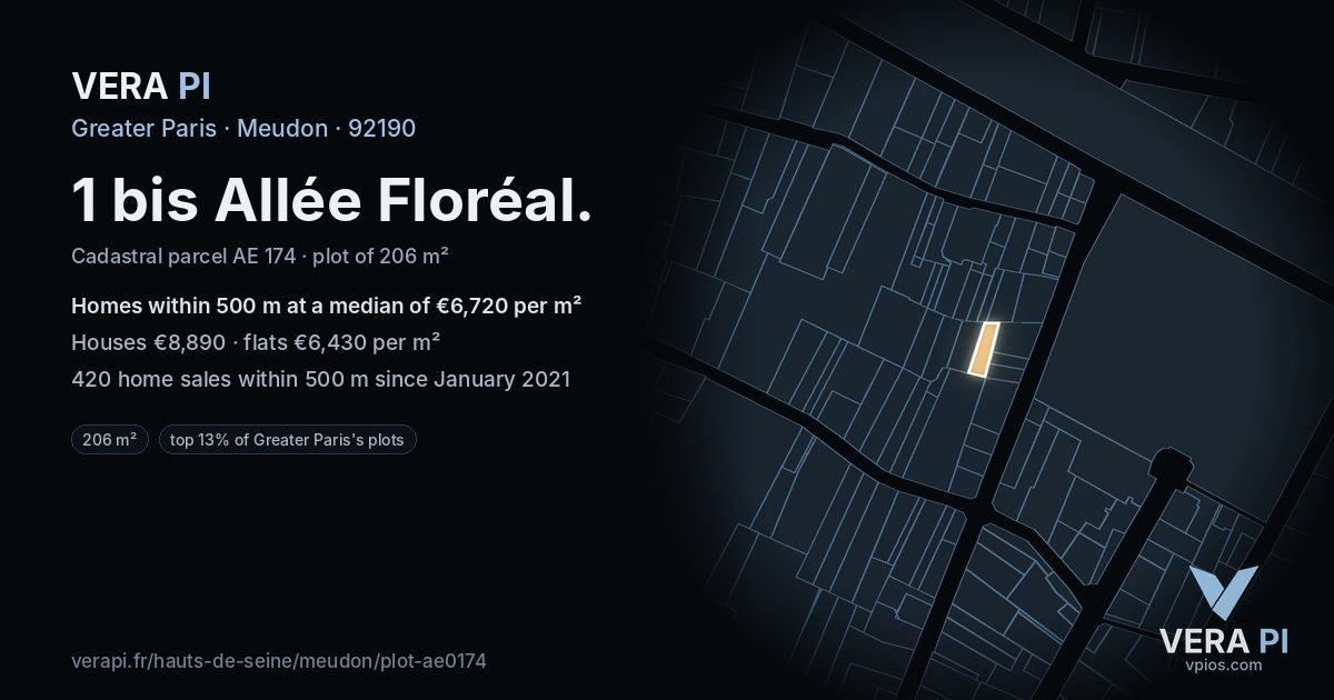 1 bis Allée Floréal, Meudon at night – the plot lit, the parcels around coloured by the prices near them