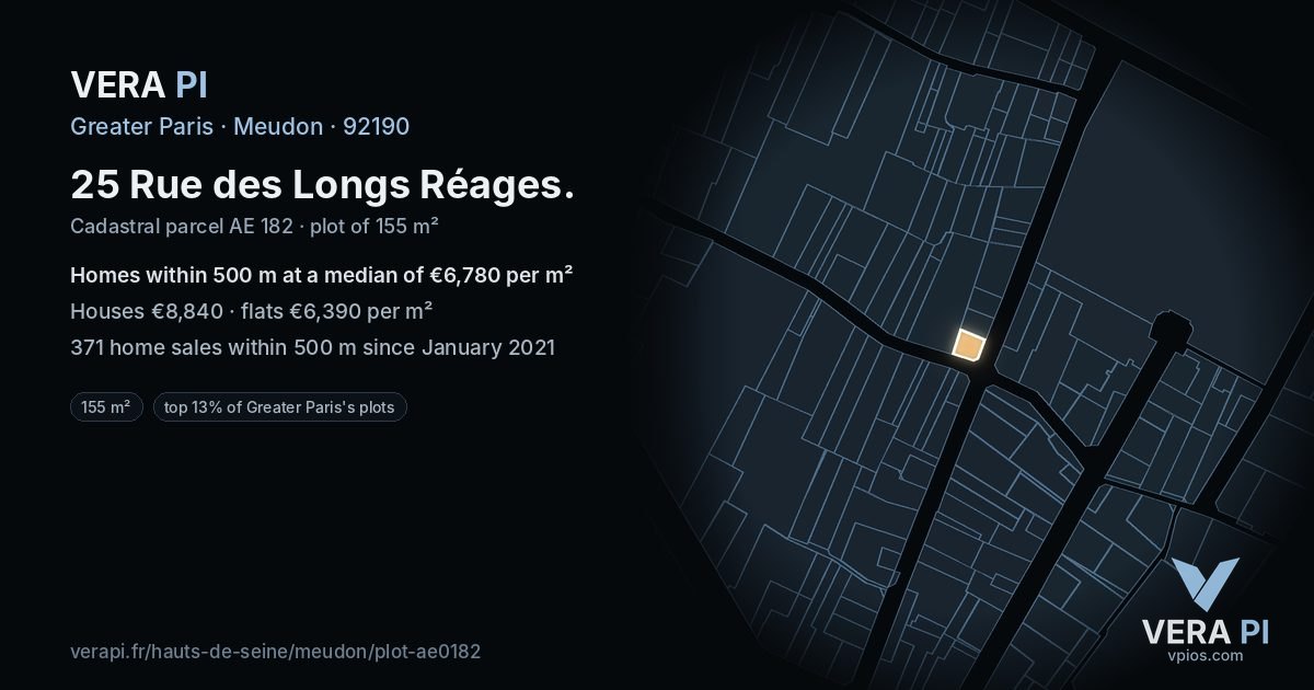 25 Rue des Longs Réages, Meudon at night – the plot lit, the parcels around coloured by the prices near them