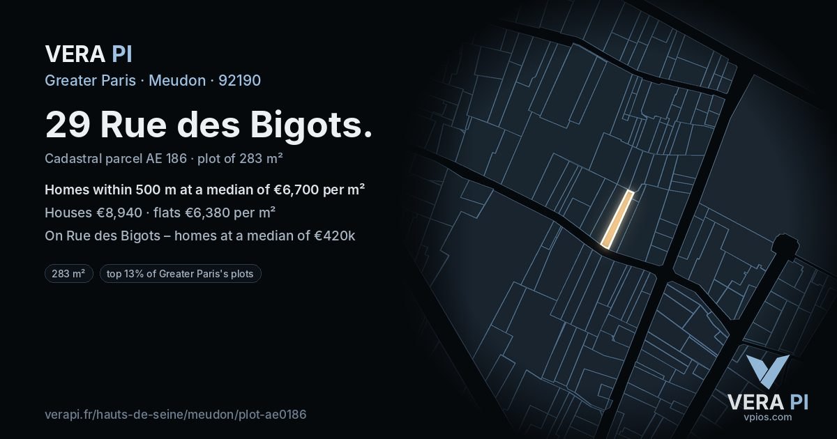 29 Rue des Bigots, Meudon at night – the plot lit, the parcels around coloured by the prices near them