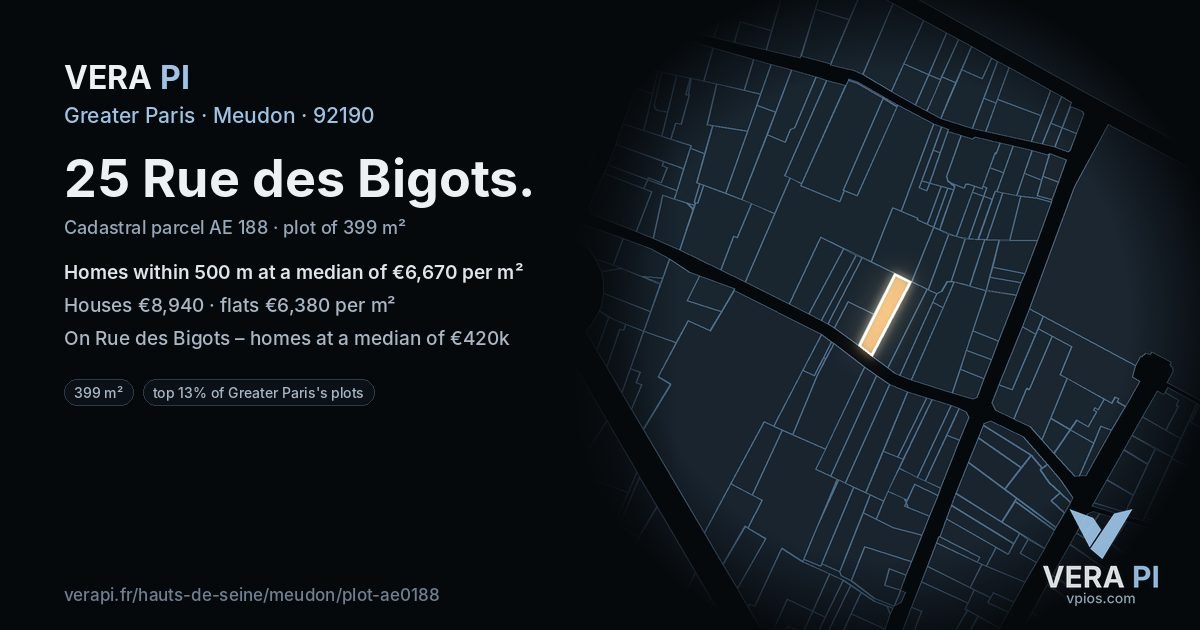25 Rue des Bigots, Meudon at night – the plot lit, the parcels around coloured by the prices near them