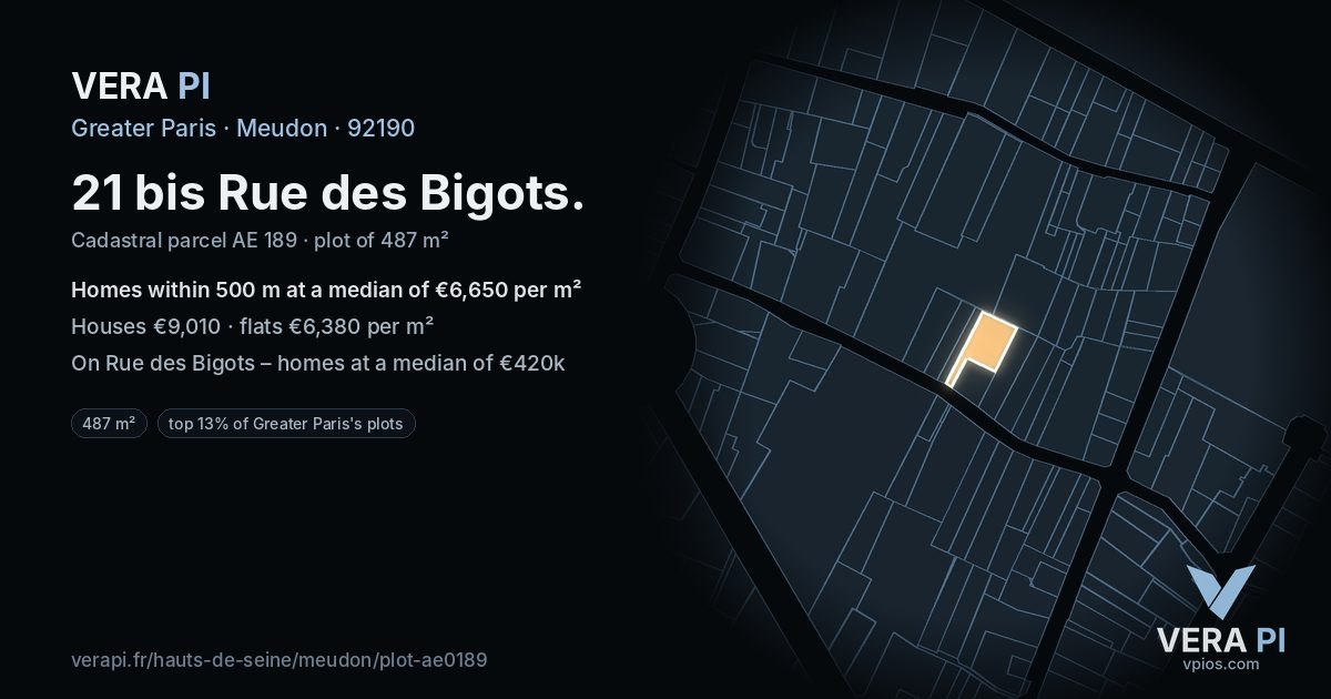 21 bis Rue des Bigots, Meudon at night – the plot lit, the parcels around coloured by the prices near them