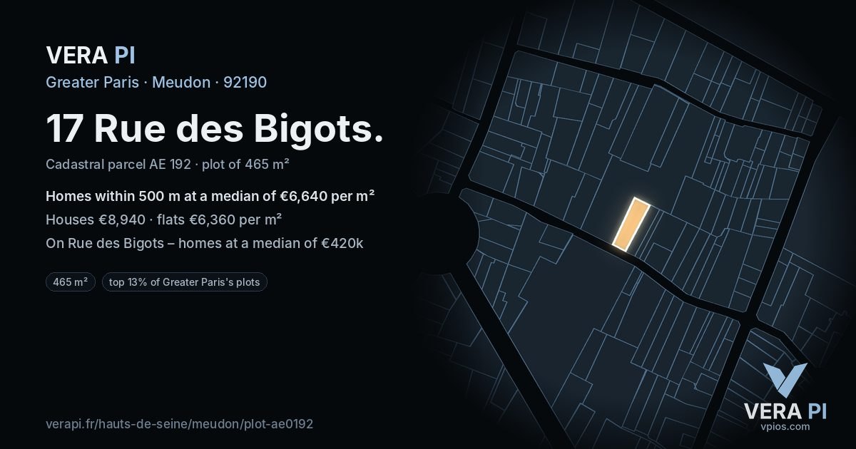 17 Rue des Bigots, Meudon at night – the plot lit, the parcels around coloured by the prices near them