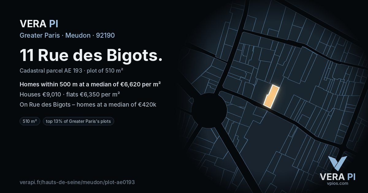 11 Rue des Bigots, Meudon at night – the plot lit, the parcels around coloured by the prices near them