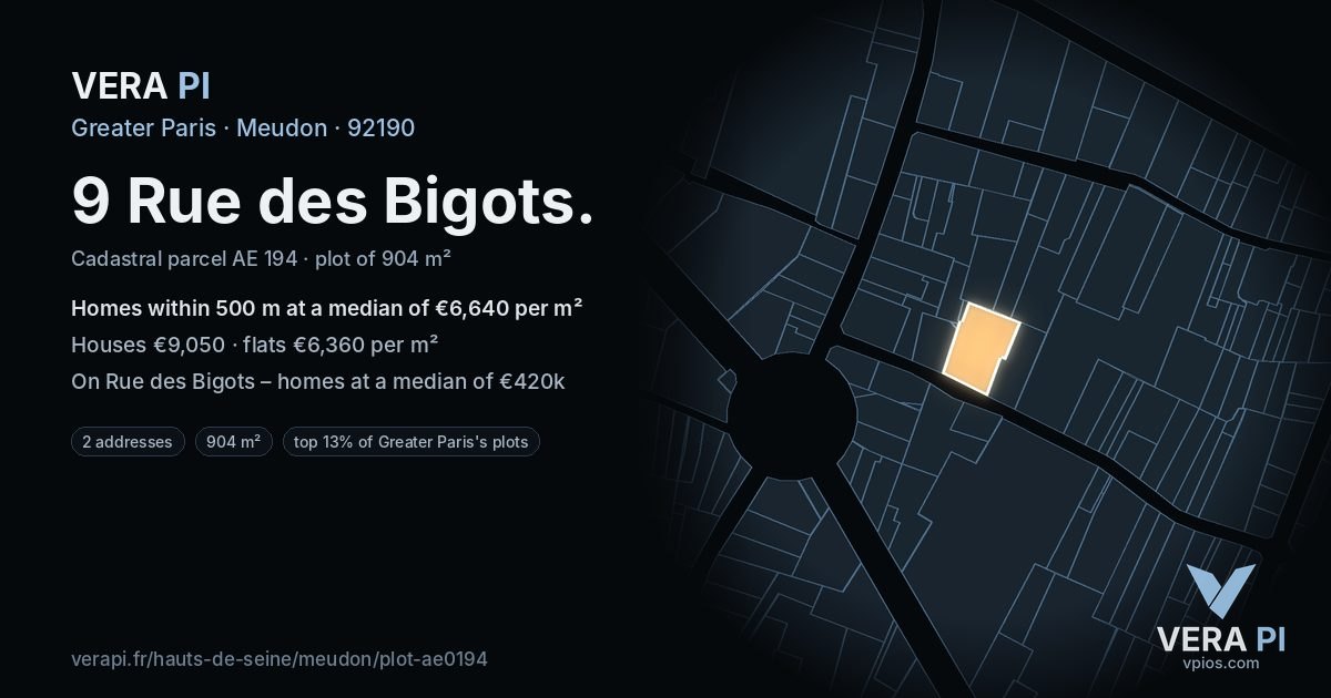 9 Rue des Bigots, Meudon at night – the plot lit, the parcels around coloured by the prices near them