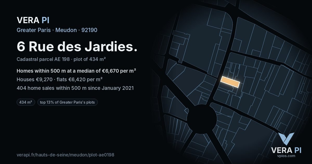 6 Rue des Jardies, Meudon at night – the plot lit, the parcels around coloured by the prices near them