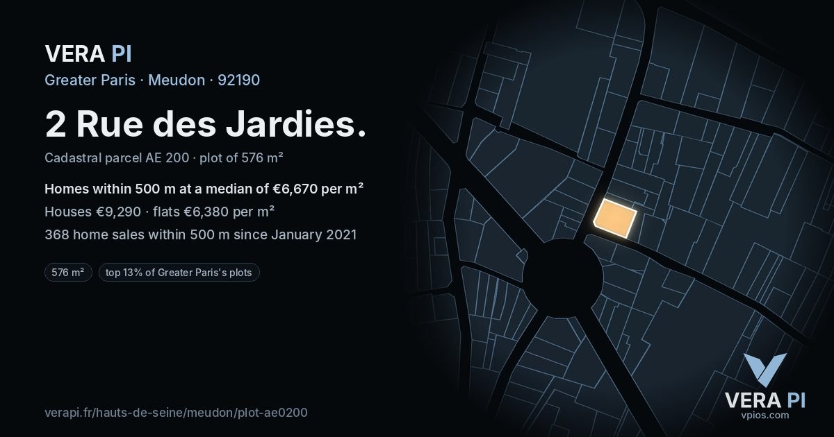 2 Rue des Jardies, Meudon at night – the plot lit, the parcels around coloured by the prices near them