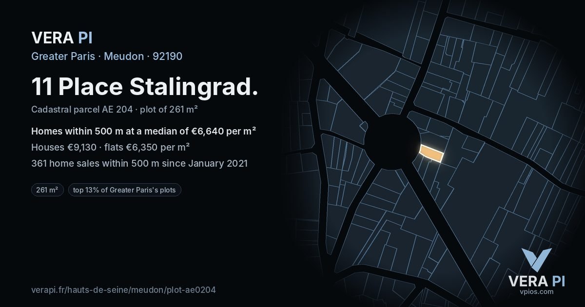 11 Place Stalingrad, Meudon at night – the plot lit, the parcels around coloured by the prices near them