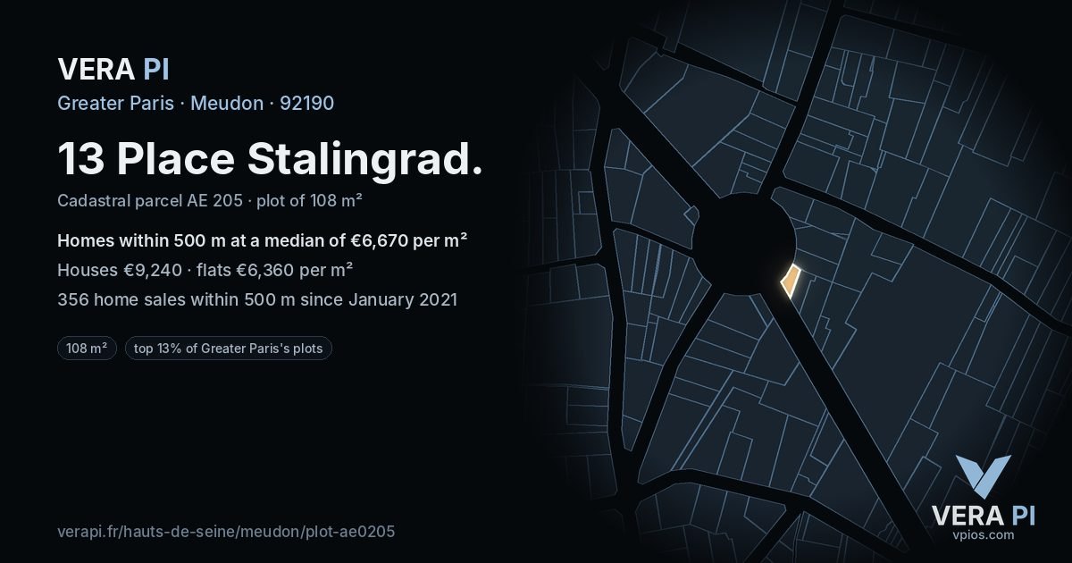 13 Place Stalingrad, Meudon at night – the plot lit, the parcels around coloured by the prices near them