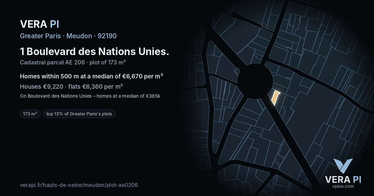 1 Boulevard des Nations Unies, Meudon at night – the plot lit, the parcels around coloured by the prices near them