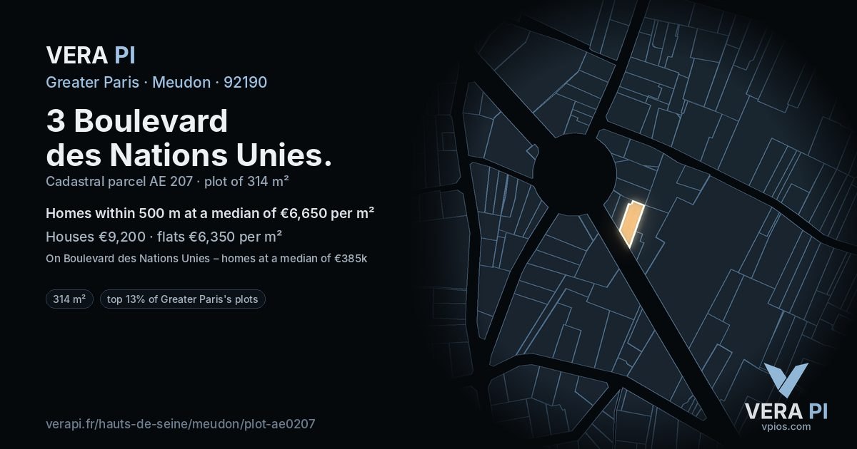3 Boulevard des Nations Unies, Meudon at night – the plot lit, the parcels around coloured by the prices near them