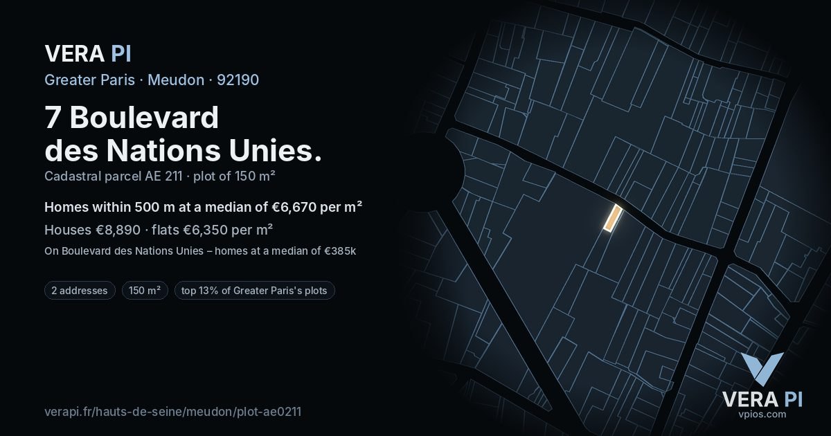 7 Boulevard des Nations Unies, Meudon at night – the plot lit, the parcels around coloured by the prices near them