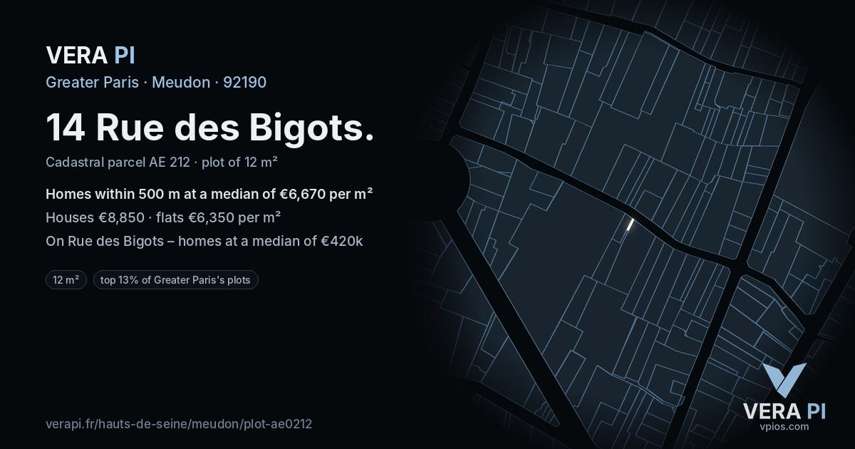 14 Rue des Bigots, Meudon at night – the plot lit, the parcels around coloured by the prices near them