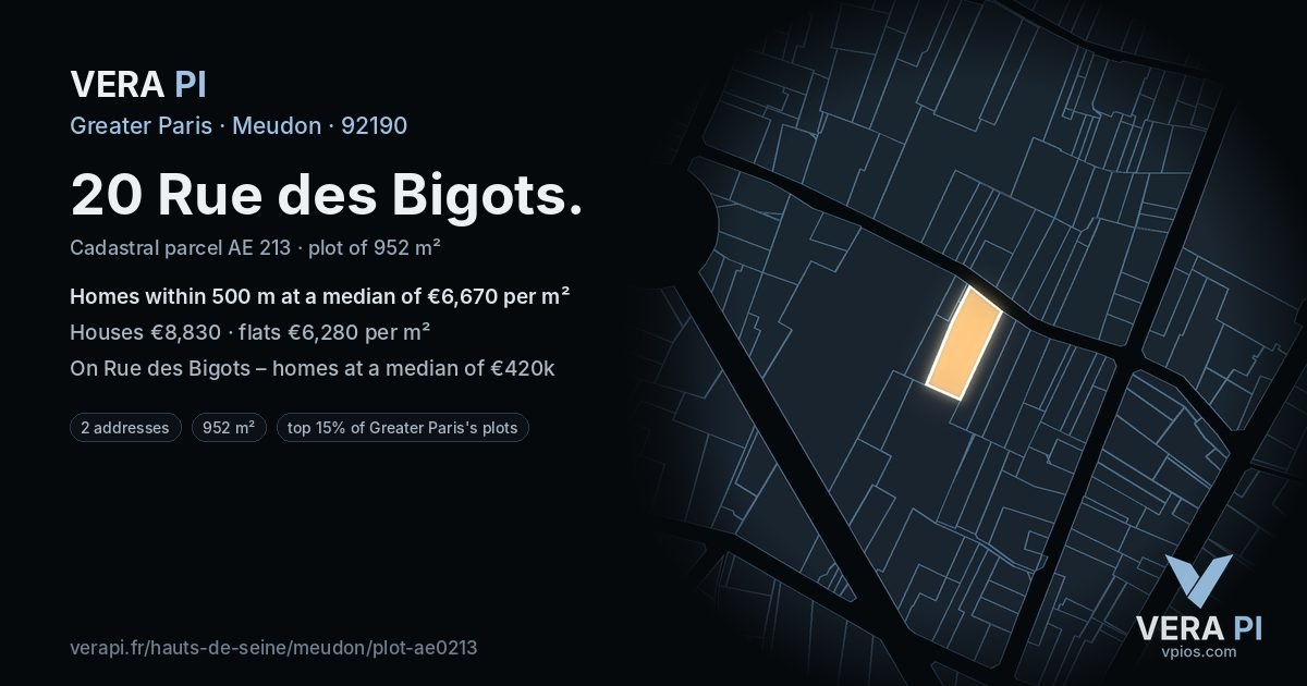 20 Rue des Bigots, Meudon at night – the plot lit, the parcels around coloured by the prices near them