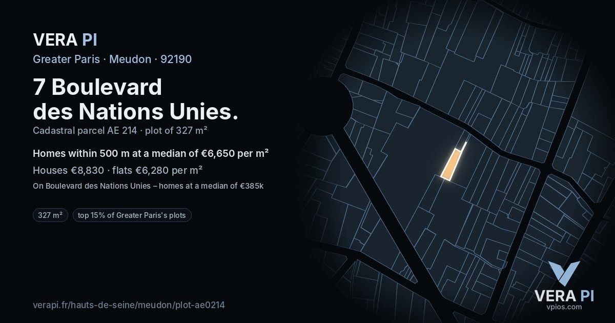 7 Boulevard des Nations Unies, Meudon at night – the plot lit, the parcels around coloured by the prices near them