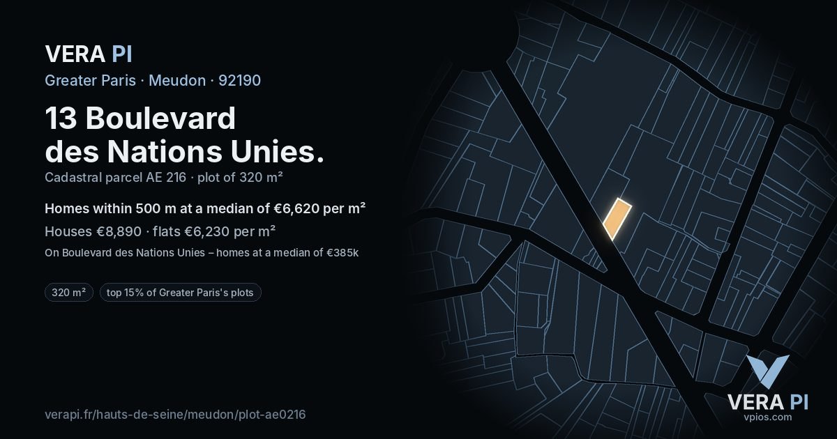 13 Boulevard des Nations Unies, Meudon at night – the plot lit, the parcels around coloured by the prices near them