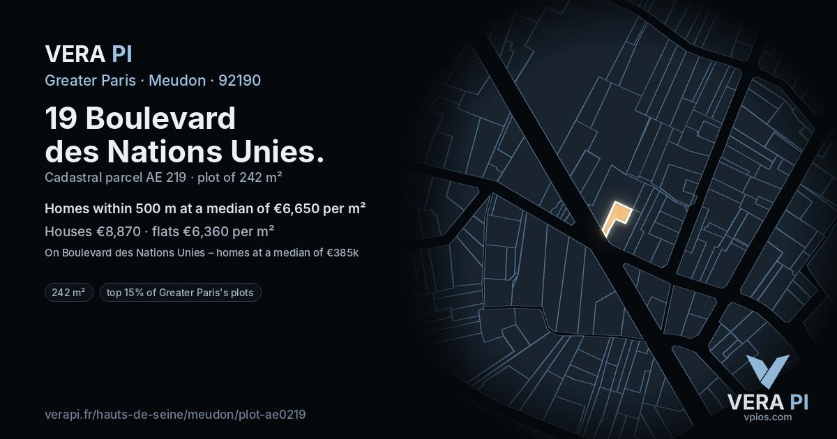19 Boulevard des Nations Unies, Meudon at night – the plot lit, the parcels around coloured by the prices near them