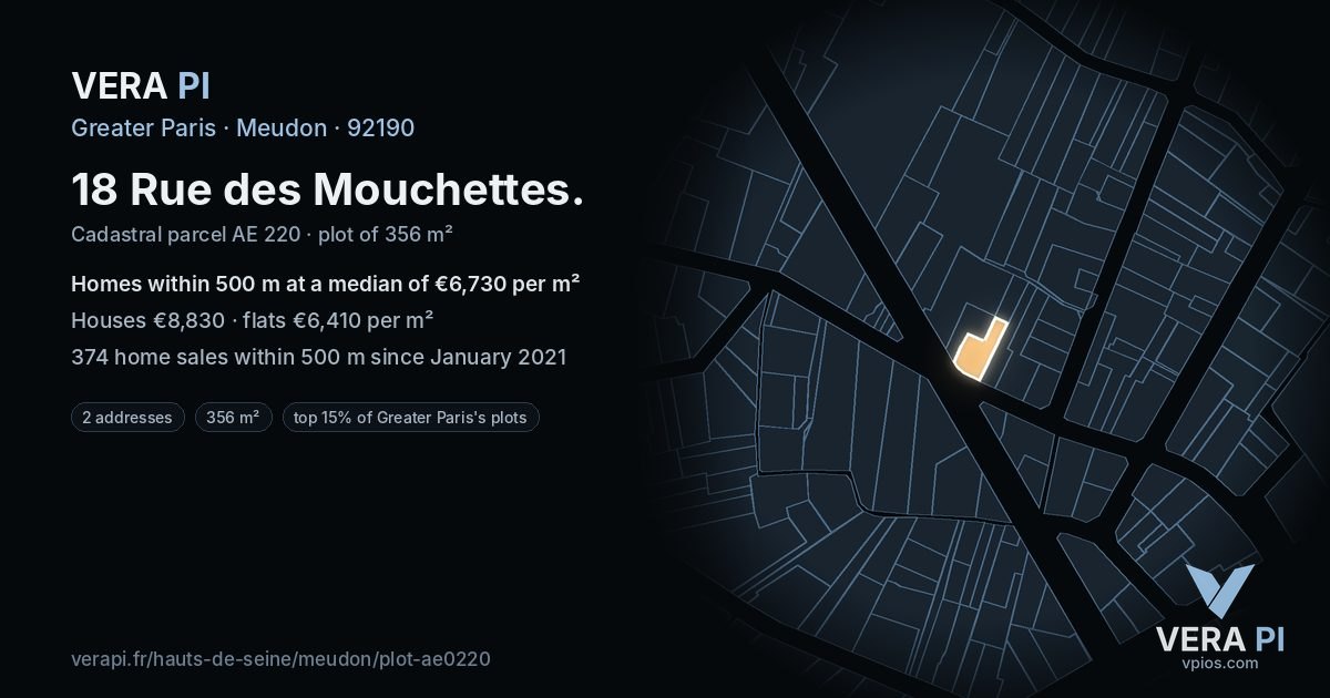 18 Rue des Mouchettes, Meudon at night – the plot lit, the parcels around coloured by the prices near them