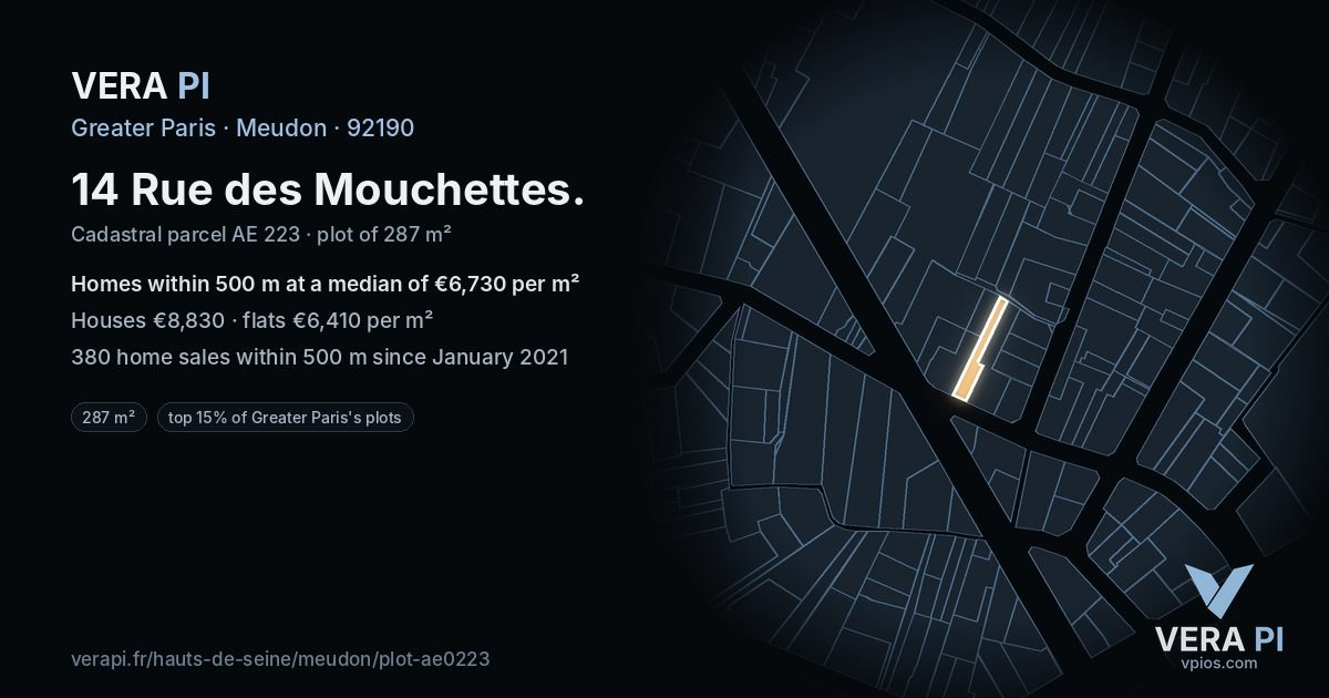 14 Rue des Mouchettes, Meudon at night – the plot lit, the parcels around coloured by the prices near them