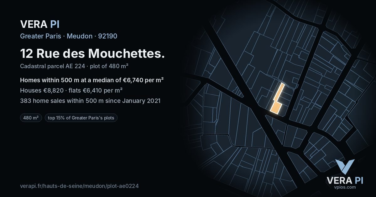 12 Rue des Mouchettes, Meudon at night – the plot lit, the parcels around coloured by the prices near them