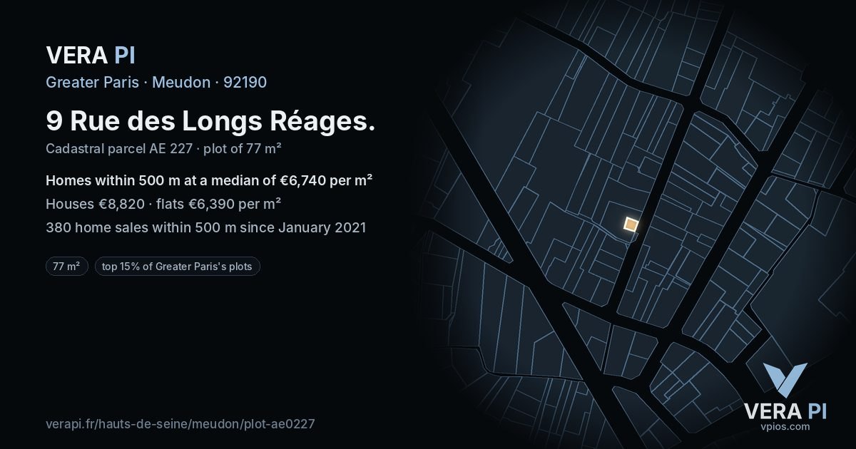 9 Rue des Longs Réages, Meudon at night – the plot lit, the parcels around coloured by the prices near them