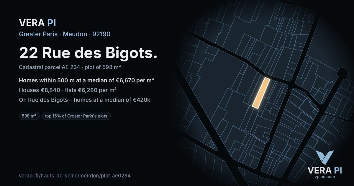 22 Rue des Bigots, Meudon at night – the plot lit, the parcels around coloured by the prices near them