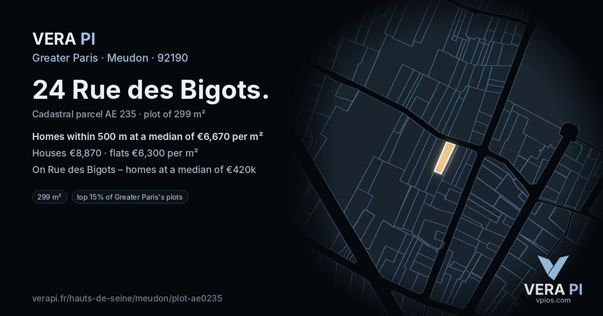 24 Rue des Bigots, Meudon at night – the plot lit, the parcels around coloured by the prices near them