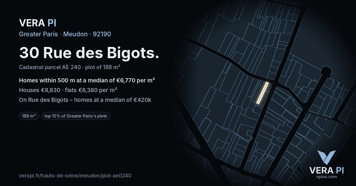 30 Rue des Bigots, Meudon at night – the plot lit, the parcels around coloured by the prices near them