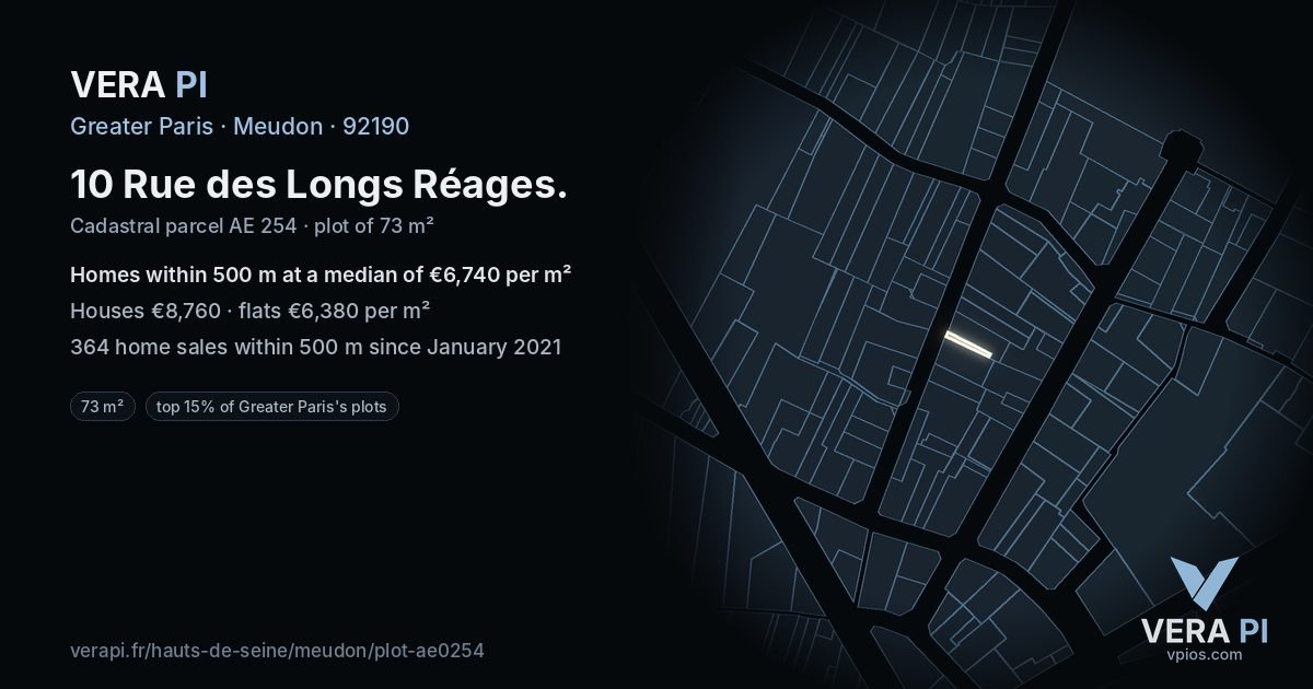 10 Rue des Longs Réages, Meudon at night – the plot lit, the parcels around coloured by the prices near them
