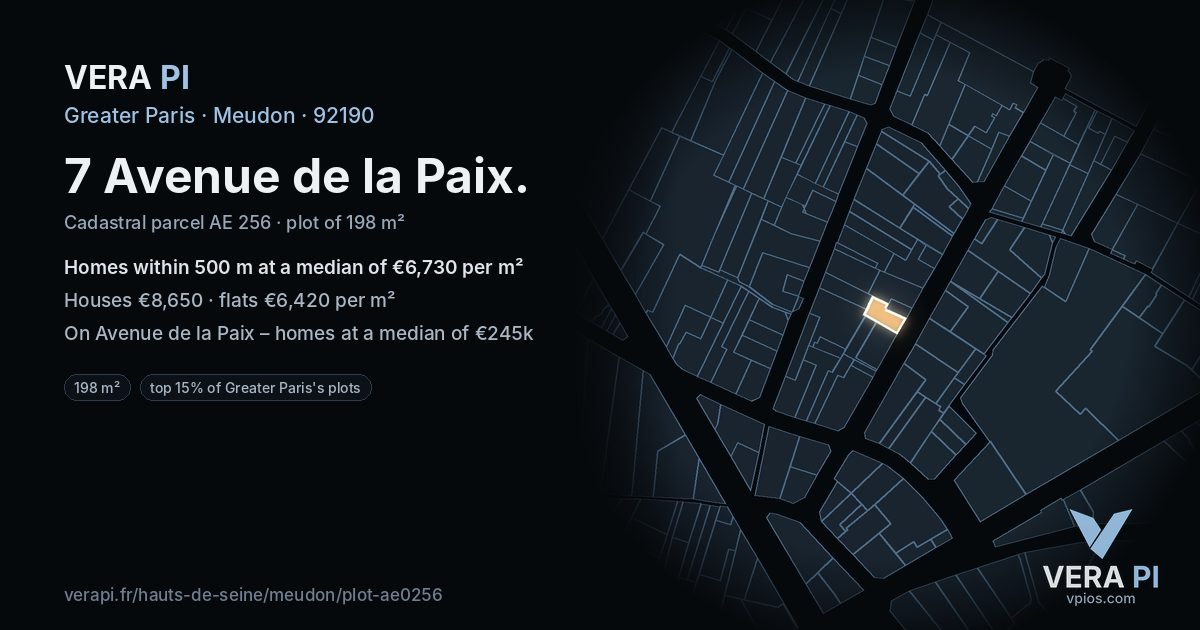 7 Avenue de la Paix, Meudon at night – the plot lit, the parcels around coloured by the prices near them