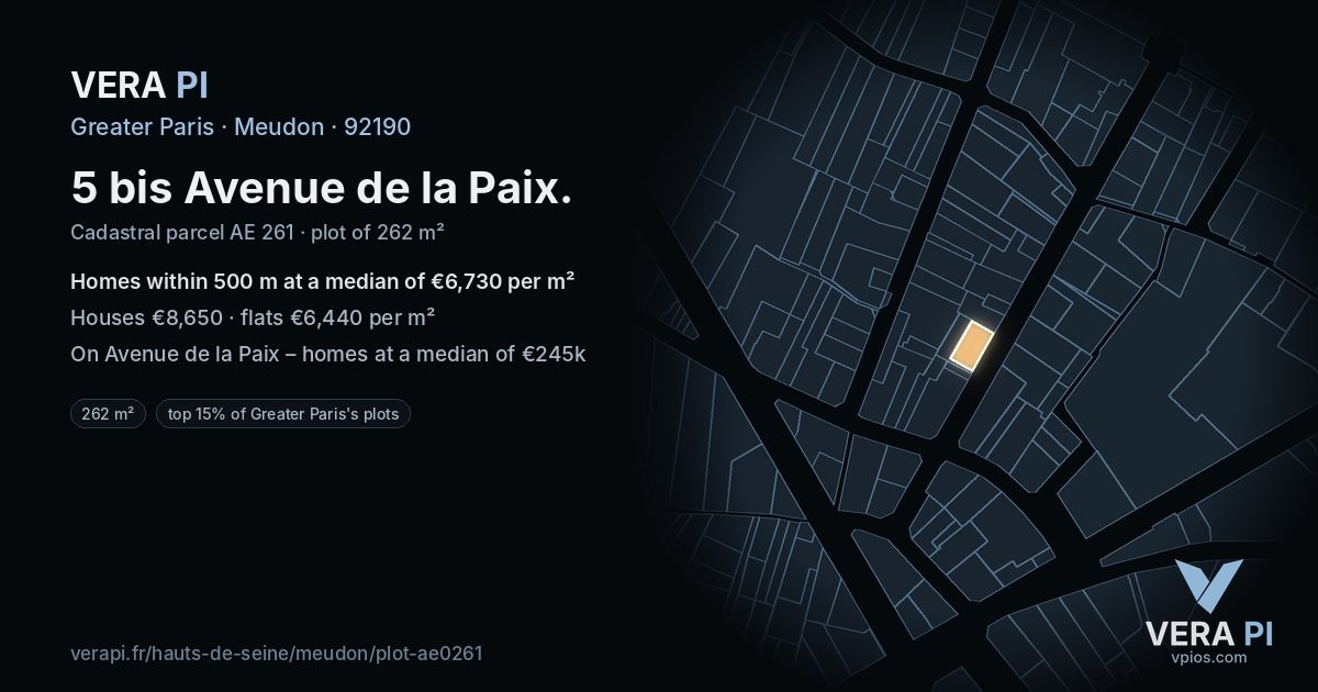 5 bis Avenue de la Paix, Meudon at night – the plot lit, the parcels around coloured by the prices near them