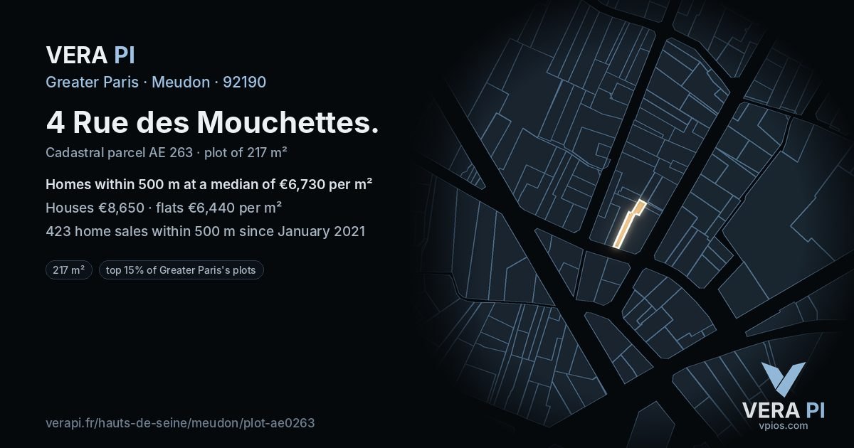 4 Rue des Mouchettes, Meudon at night – the plot lit, the parcels around coloured by the prices near them
