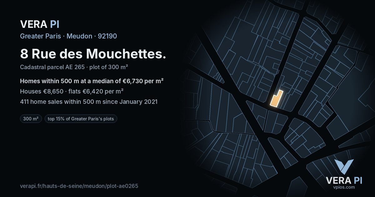 8 Rue des Mouchettes, Meudon at night – the plot lit, the parcels around coloured by the prices near them