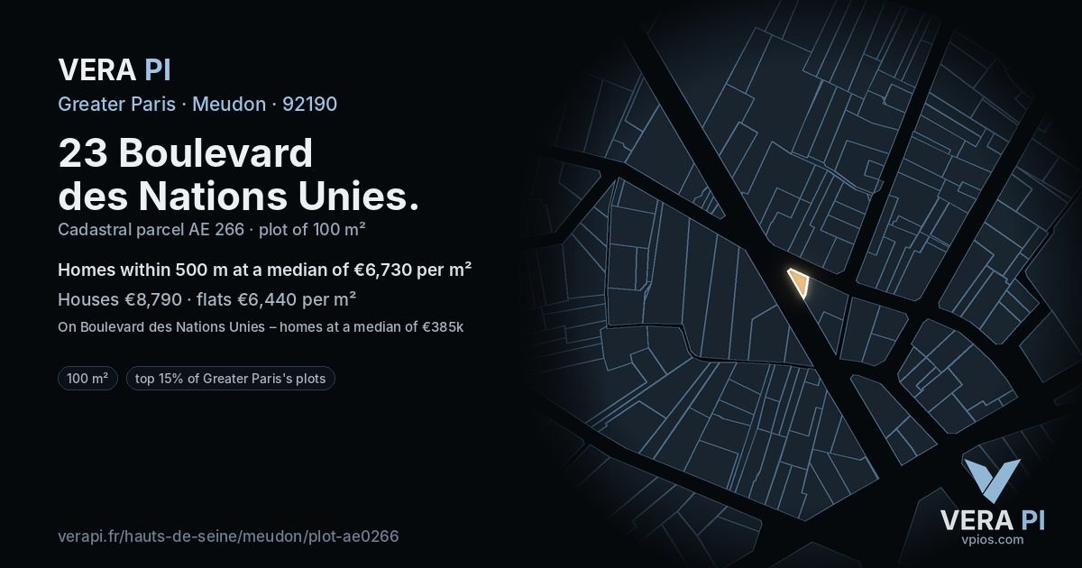 23 Boulevard des Nations Unies, Meudon at night – the plot lit, the parcels around coloured by the prices near them