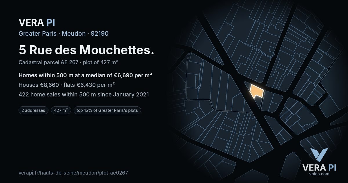 5 Rue des Mouchettes, Meudon at night – the plot lit, the parcels around coloured by the prices near them