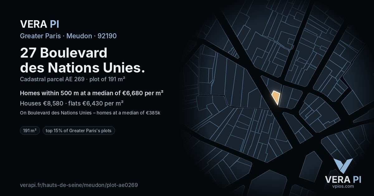27 Boulevard des Nations Unies, Meudon at night – the plot lit, the parcels around coloured by the prices near them
