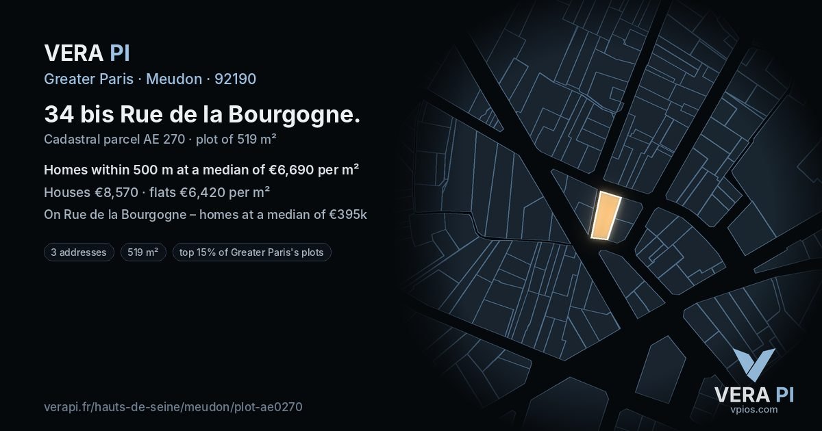 34 bis Rue de la Bourgogne, Meudon at night – the plot lit, the parcels around coloured by the prices near them