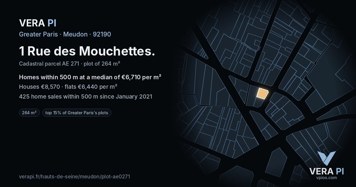 1 Rue des Mouchettes, Meudon at night – the plot lit, the parcels around coloured by the prices near them