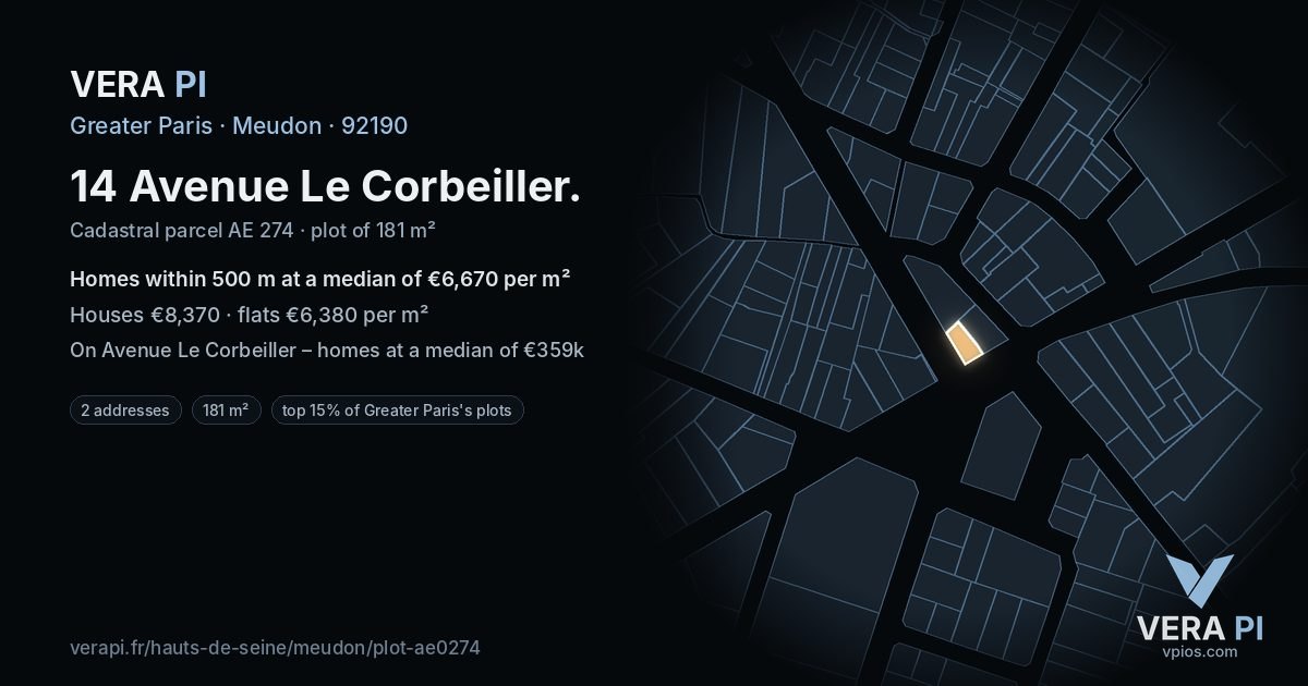 14 Avenue Le Corbeiller, Meudon at night – the plot lit, the parcels around coloured by the prices near them