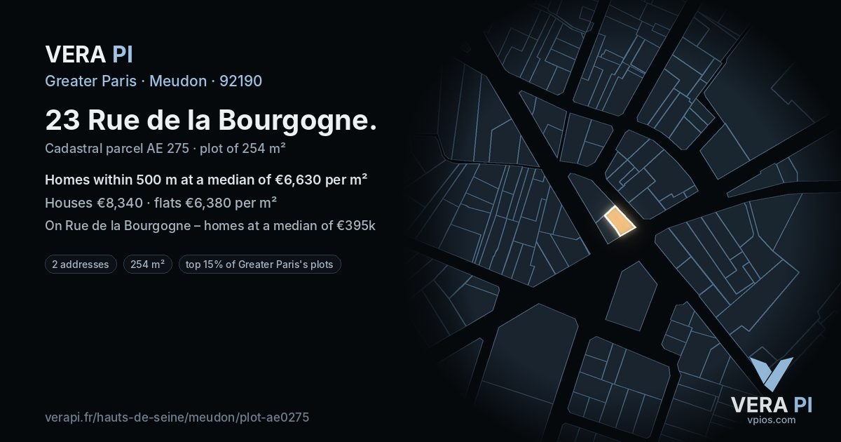 23 Rue de la Bourgogne, Meudon at night – the plot lit, the parcels around coloured by the prices near them