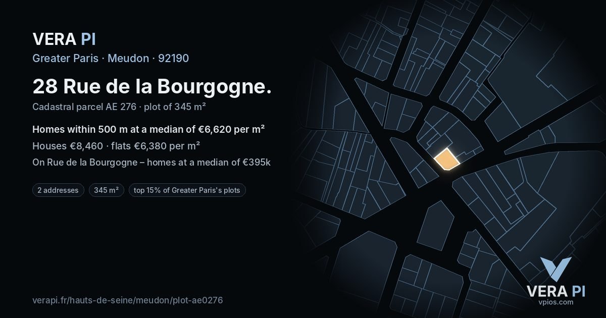 28 Rue de la Bourgogne, Meudon at night – the plot lit, the parcels around coloured by the prices near them