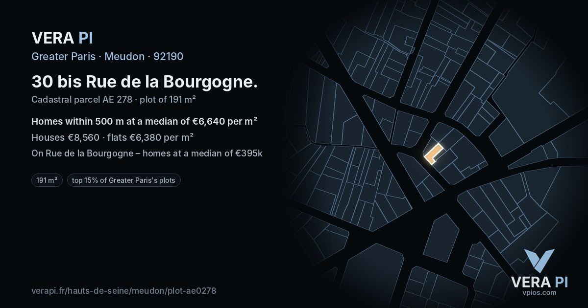 30 bis Rue de la Bourgogne, Meudon at night – the plot lit, the parcels around coloured by the prices near them