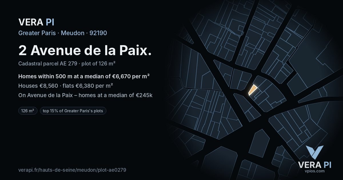 2 Avenue de la Paix, Meudon at night – the plot lit, the parcels around coloured by the prices near them