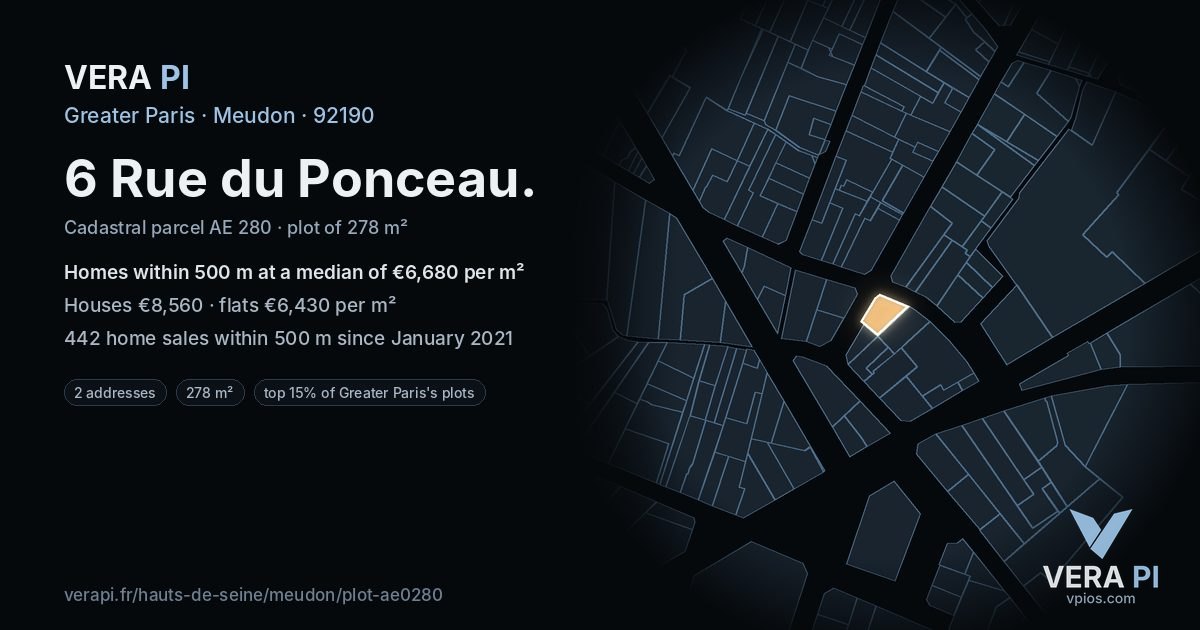 6 Rue du Ponceau, Meudon at night – the plot lit, the parcels around coloured by the prices near them