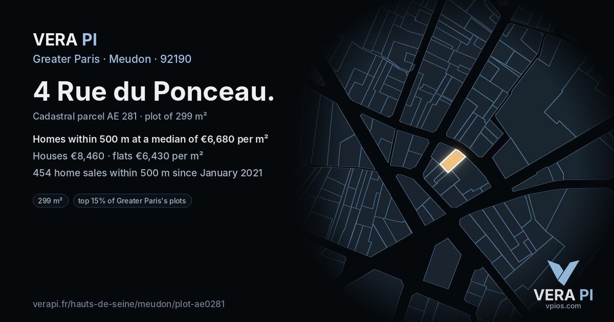 4 Rue du Ponceau, Meudon at night – the plot lit, the parcels around coloured by the prices near them