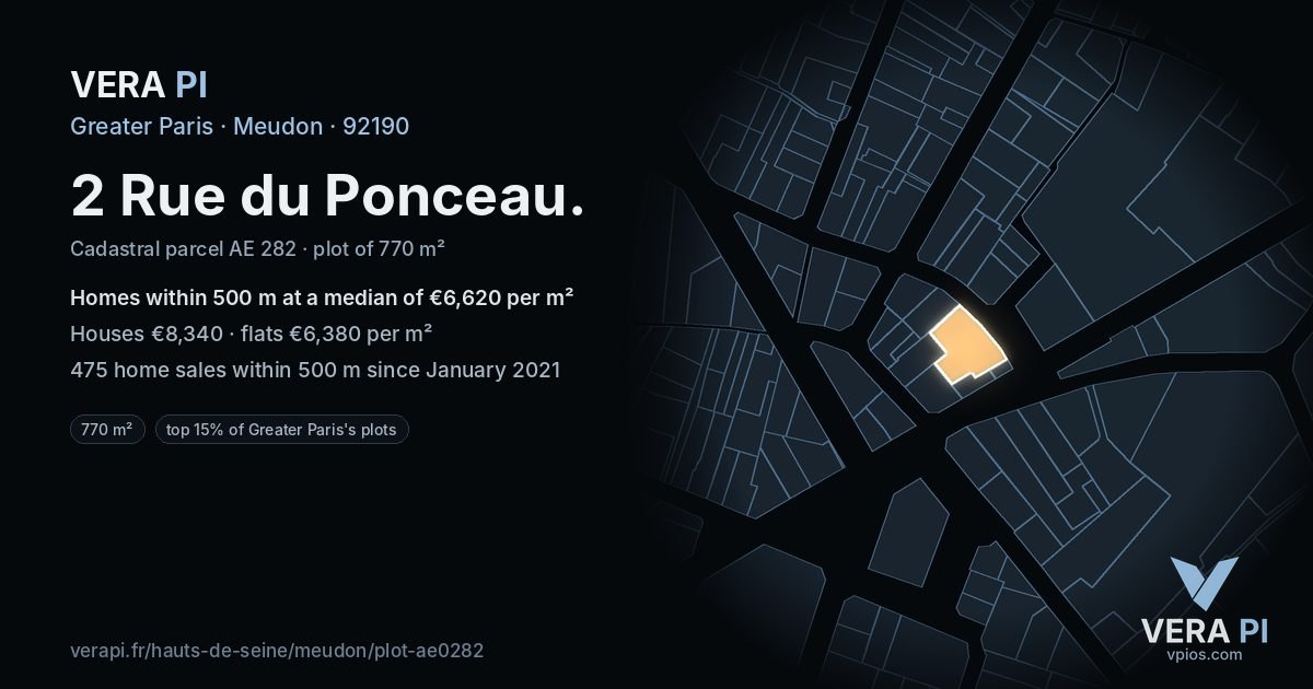 2 Rue du Ponceau, Meudon at night – the plot lit, the parcels around coloured by the prices near them