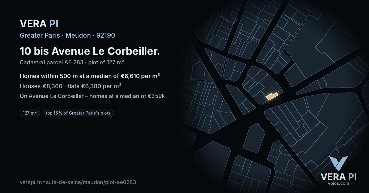 10 bis Avenue Le Corbeiller, Meudon at night – the plot lit, the parcels around coloured by the prices near them