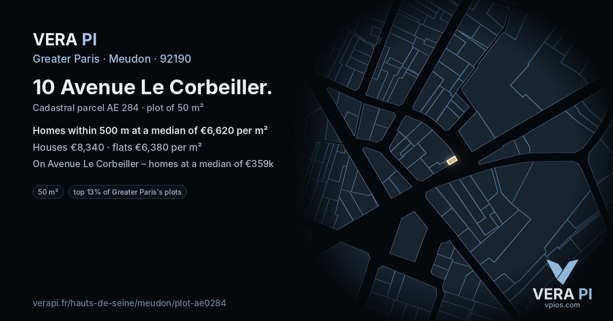 10 Avenue Le Corbeiller, Meudon at night – the plot lit, the parcels around coloured by the prices near them